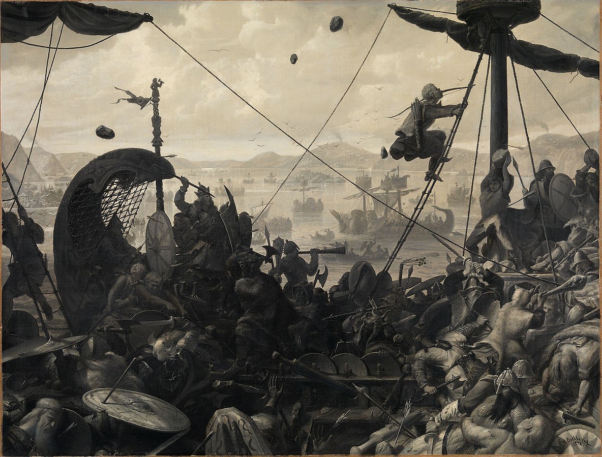 Maleri av dramatisk scene der Hårfagre klatrer i masten
