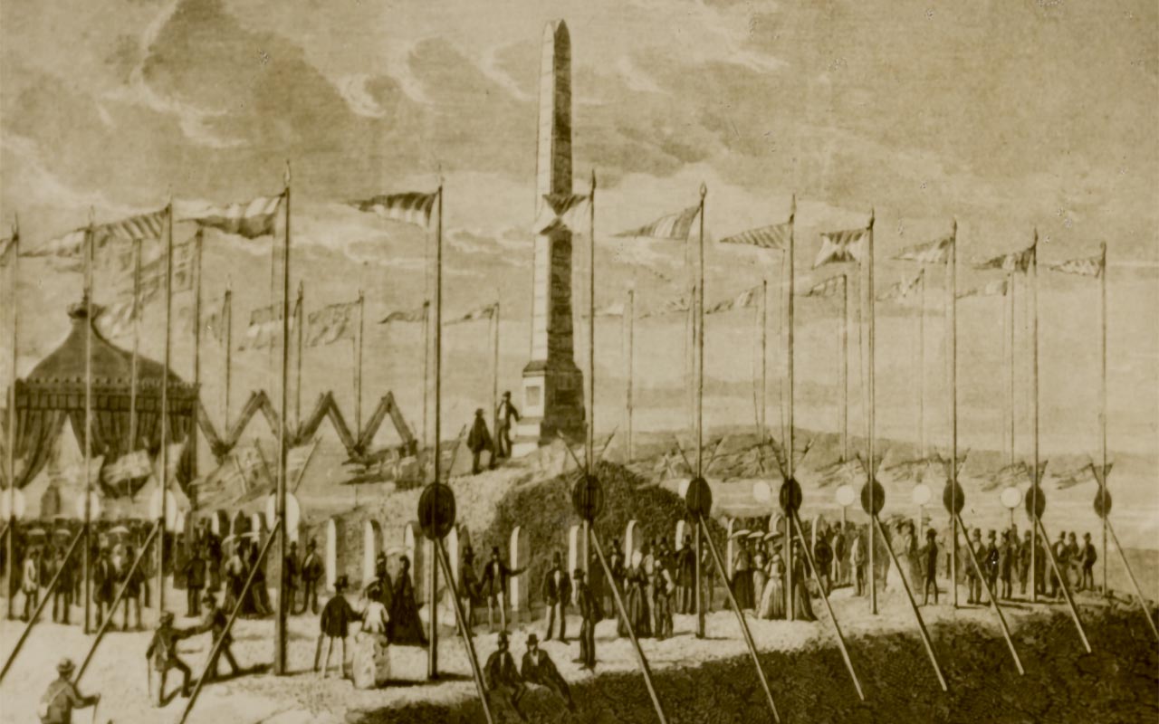 Prospektkort fra avdukingen av Haraldsstøtten ved tusenårsfesten i 1872