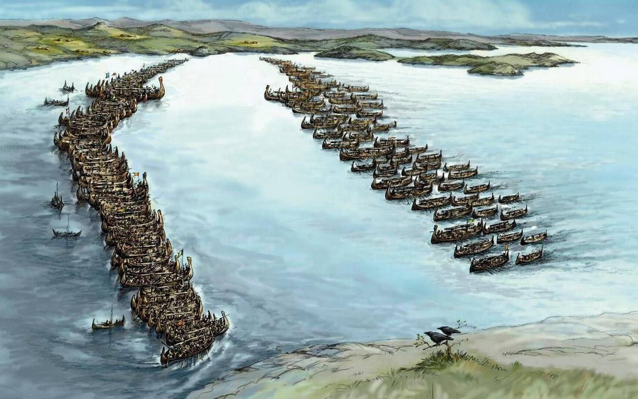 Illustrasjon av Slaget i Hafrsfjord av Jens Flesjå